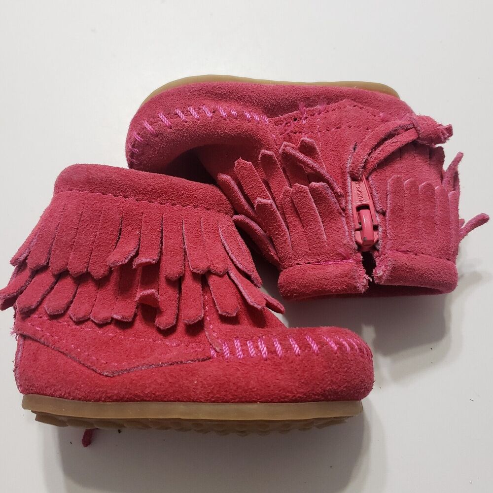 Minnetonka Girls 1 Ankle Booties Leather Pink Double Fringe Side Zip Shoes‎